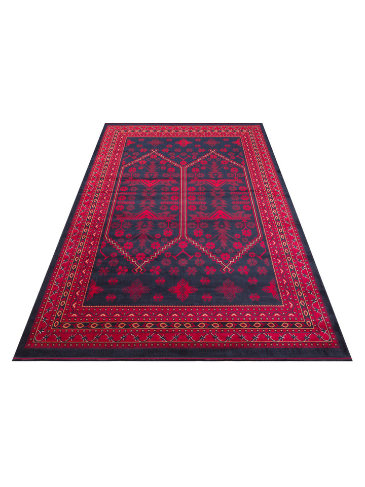 Paghman Series Afghan Patterned Viscose Dense Woven Non-Slip Based Thin Machine-Made Carpet 01 NAVY