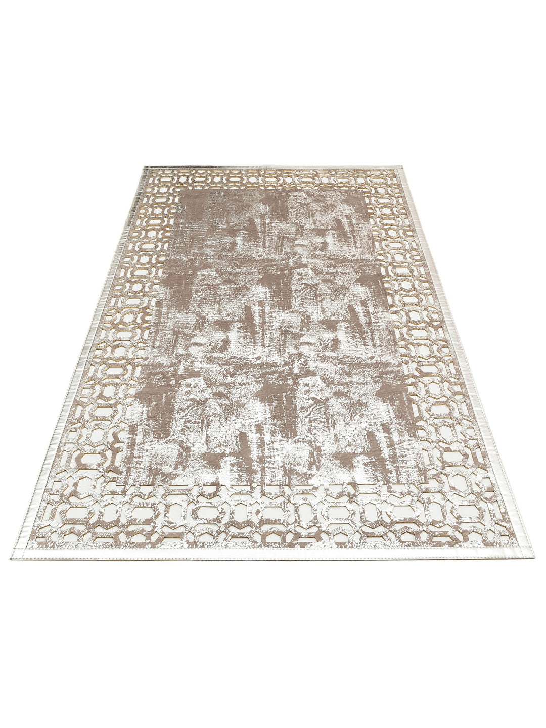 Gravür Klasik Ve Modern İşleme ve Oymaya Sahip Parlak Bordürlü Suni Deri Halı 02 GREY SILVER - Carpetdocia