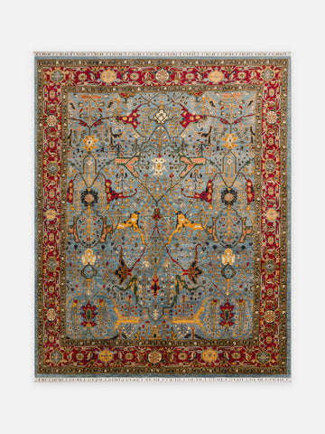 El dokuma Afgan halı açık mavi figürlü av bahçesi 242x304 cm kuşbakışı tam görünüm
