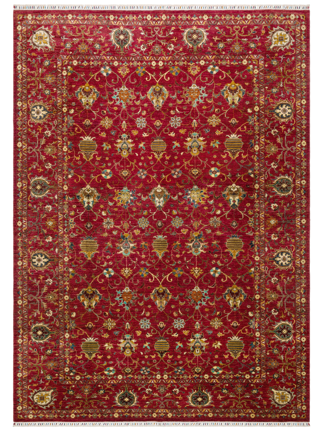 El dokuma Afgan halı kırmızı Şah Abbas palmet rozet kuşbakışı 276x367 cm