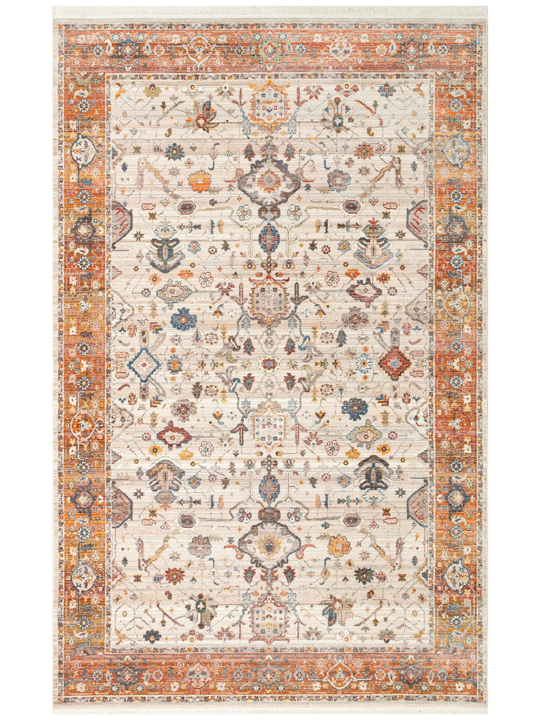Nil Series Ethnic and Modern Patterned Colorful Fringed Living Room Kitchen Carpet 01 CREAM TERRA