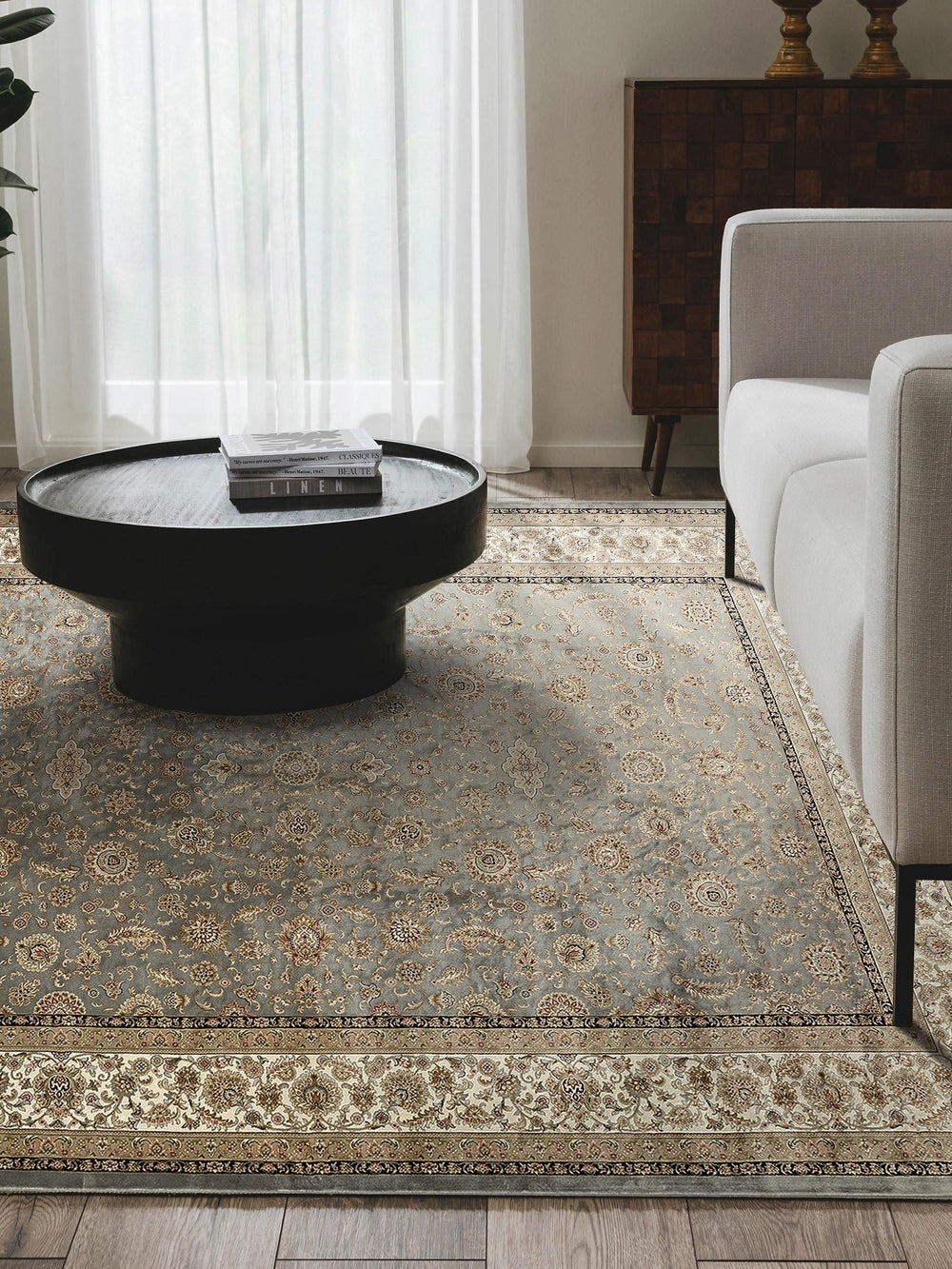 Topkapı Serisi Yüksek Kalite Sık Dokuma Klasik Desenli Özel Işıltılı Salon Halısı 03 GREY CREAM - Carpetdocia