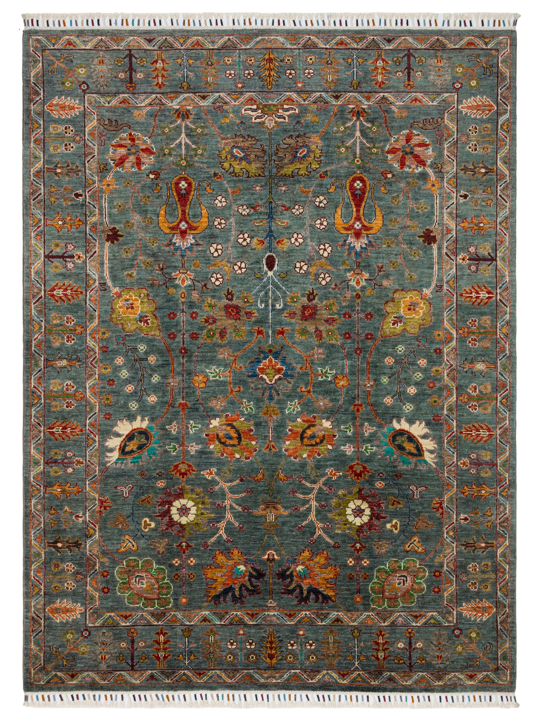 El dokuma Afgan halı yeşil bitkisel desen 154 x 208 cm kuşbakışı