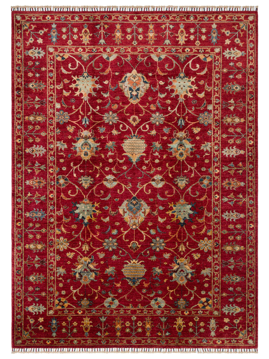 El dokuma Afgan halı kırmızı bitkisel desen 179 x 243 cm kuşbakışı