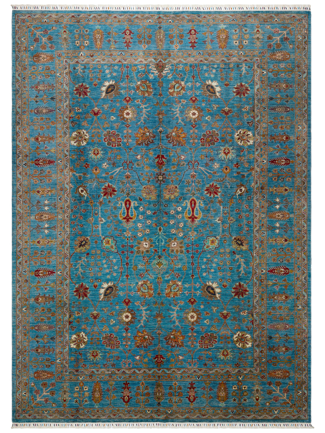 El dokuma Afgan halı petrol mavisi Şah Abbas palmet rozet kuşbakışı 271x379 cm