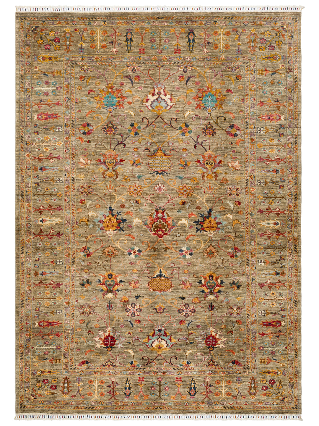 El dokuma Afgan halı taba bej Şah Abbas palmet rozet kuşbakışı 211x298 cm