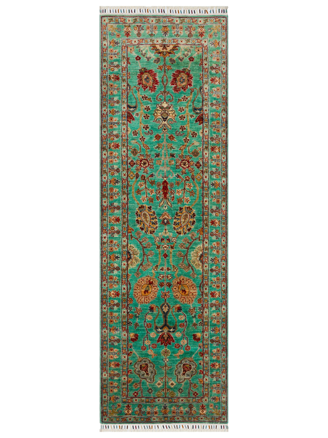 El dokuma Afgan halı turkuaz bitkisel desen 81x251 cm