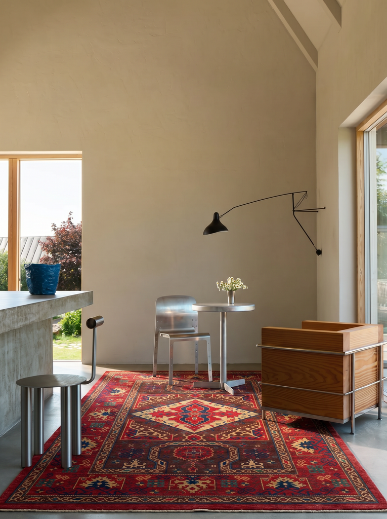 Tapis artisanal à métier noir de la série Göbeklitepe, fabriqué à la main avec de la laine 100 % néo-zélandaise et orné de motifs anatoliens 04RED